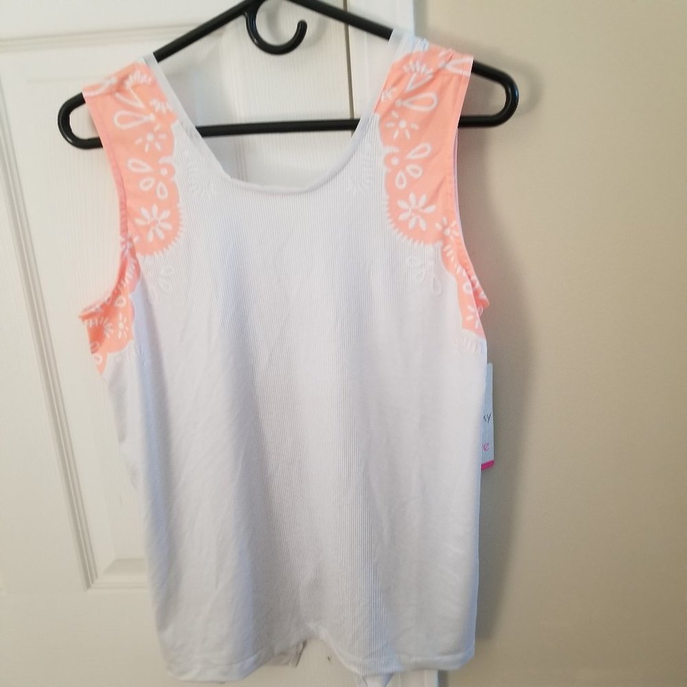 Women's Lucky In Love Twist Back Tie Tennis Tank Top Medium White/Tangerine